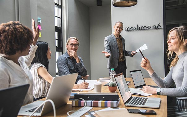 Five employees having a meeting