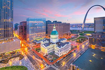 An aerial view of Missouri building at sundown